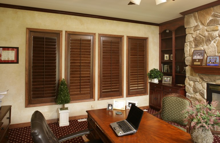 Hardwood plantation shutters in a Cleveland home office
